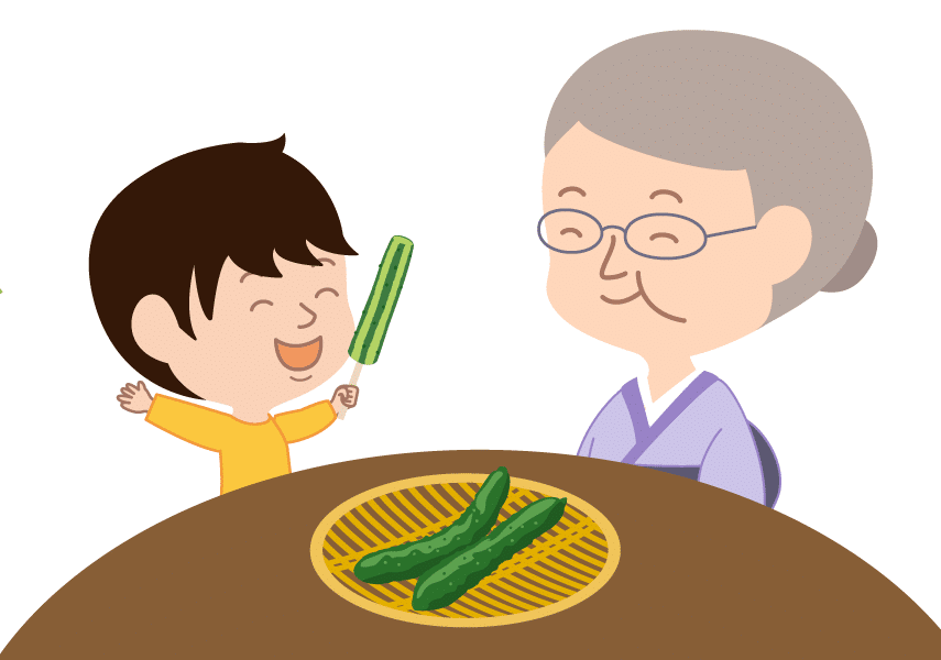 ザルに乗ったきゅうりとおばあと孫たち