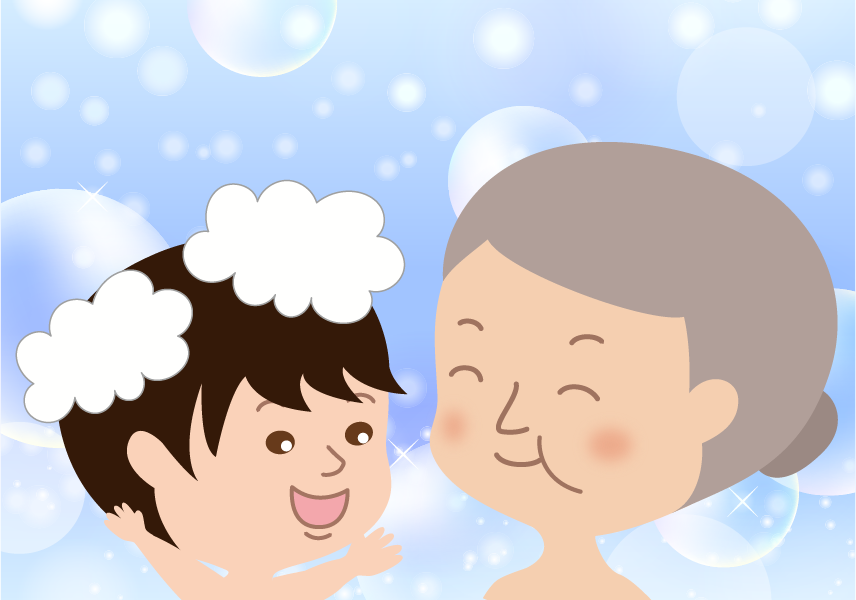 シャンプーで頭もこもこになってるおばあと孫