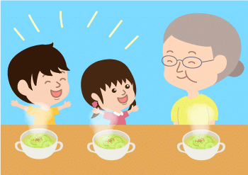 スープをのむ孫とおばあちゃん
