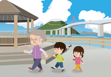 おばあ、孫と一緒にウォーキング
